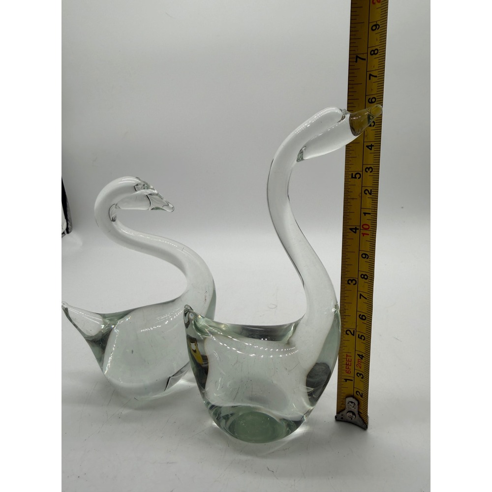 Vintage Hand Blown Glass Swan Figurines Clear Green Smoke Set of 2 Paperweights - Picture 9 of 11